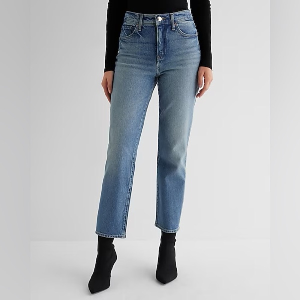 High Waisted Medium Wash Straight Ankle Jeans